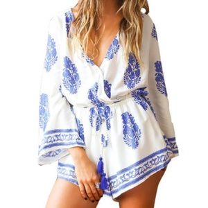 White, Blue Paisley Romper